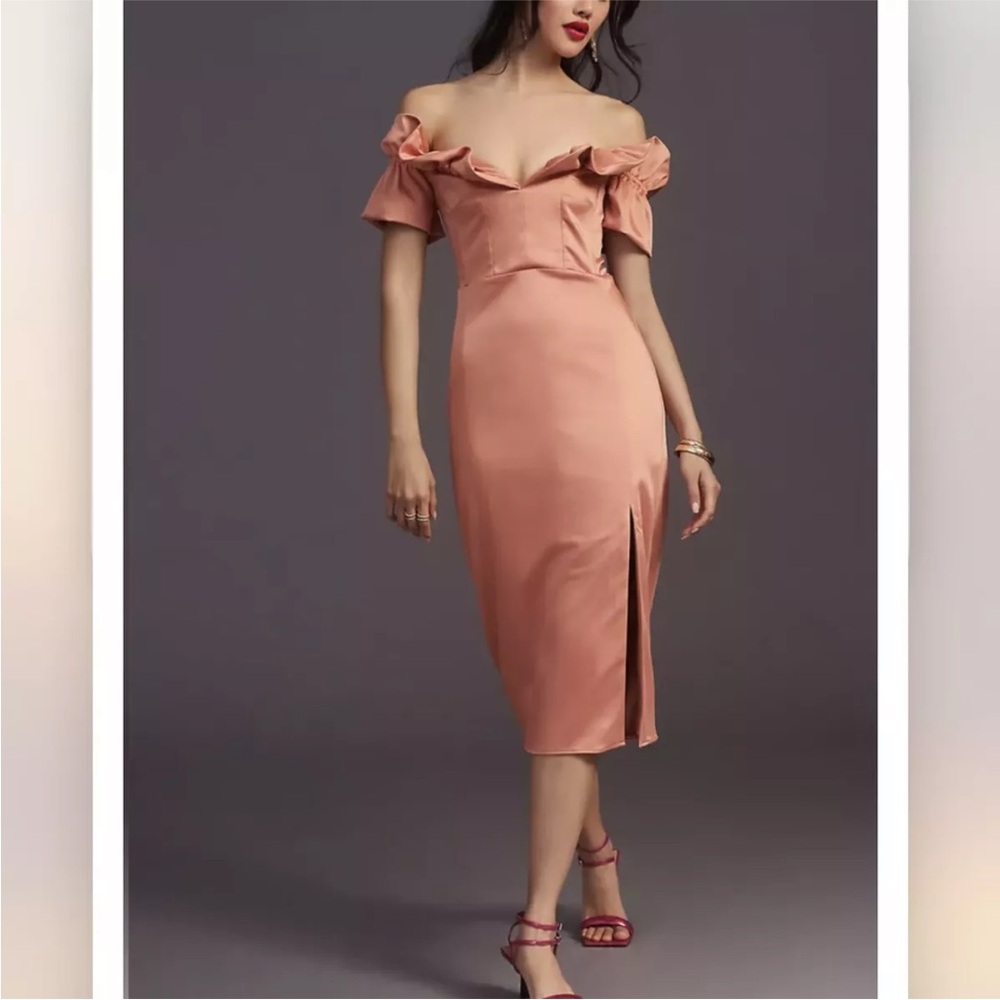 NWT ANTHROPOLOGIE Ruffled Off-The-Shoulder Dress pink satin Size Medium - Picture 2 of 16